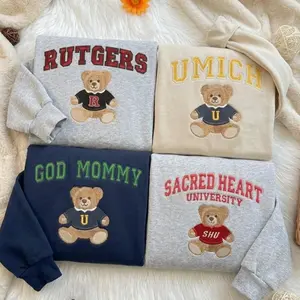 Teddy Bear Embroidered University Sweatshirt, Custom College Name Crewneck, Cute School Spirit Shirt, Game Day Outfit, College Gift