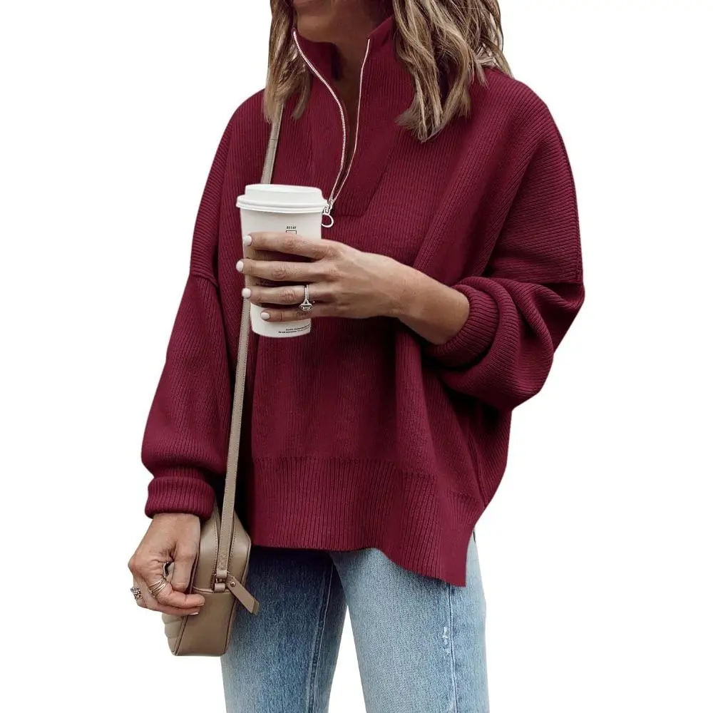 Saodimallsu Women's 1/4 Zip Tunic Sweater, Fall Long Sleeve Oversized Slouchy Ribbed Knit Sweatshirt with Slit, Acrylic-Polyamide Basics with Drop Shoulder, Pullover, Plain, Party, Hand Wash Only, Normal Type, Loose-Fitting, Machine Washable, High Neck, C