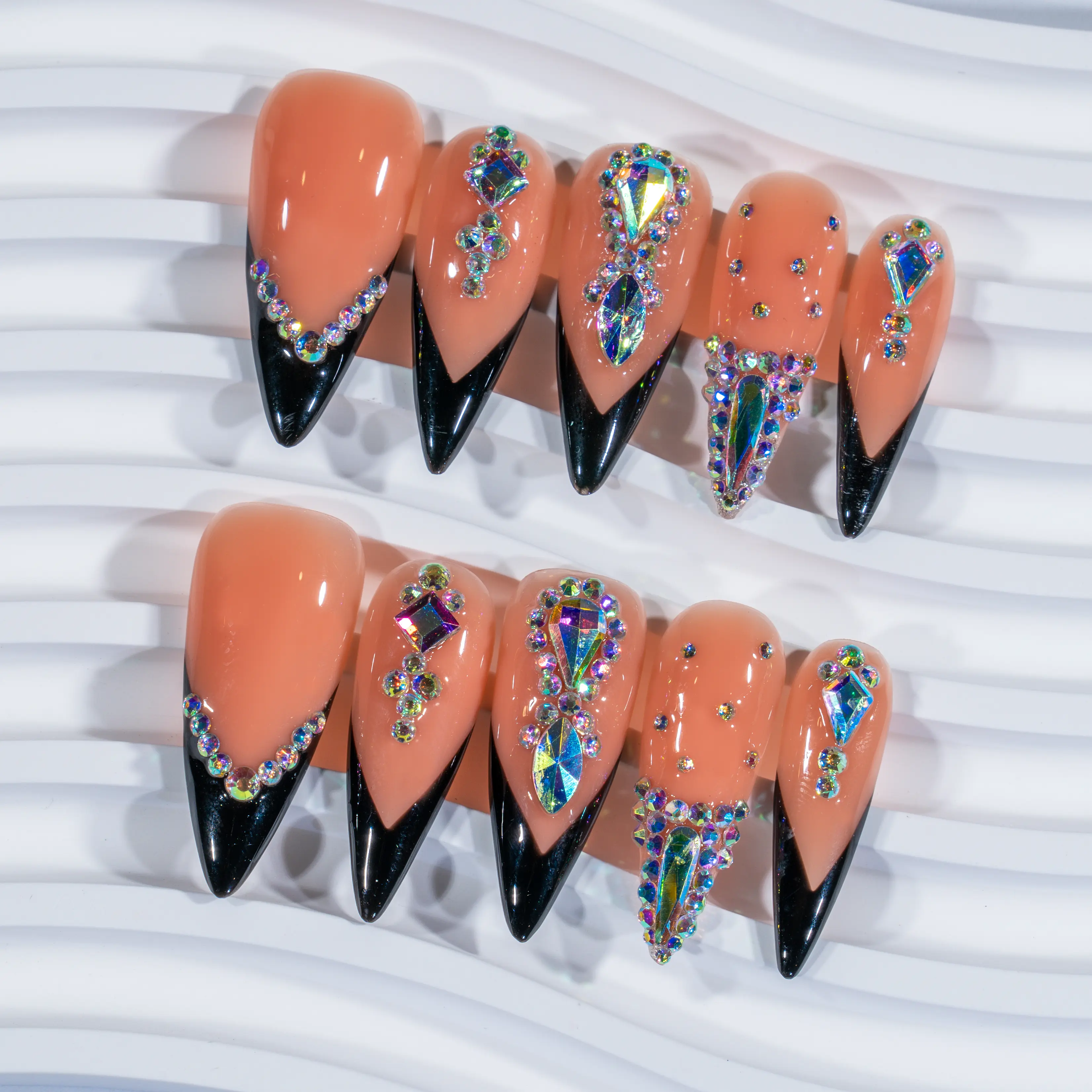 Liketete Sparkling Rhinestone Press-On Nails Black French Salon Quality Acrylic Marble Pattern 10pcs Set with Jelly Glue Nail File Dead Skin Fork Nail Glue Cuticle Pusher