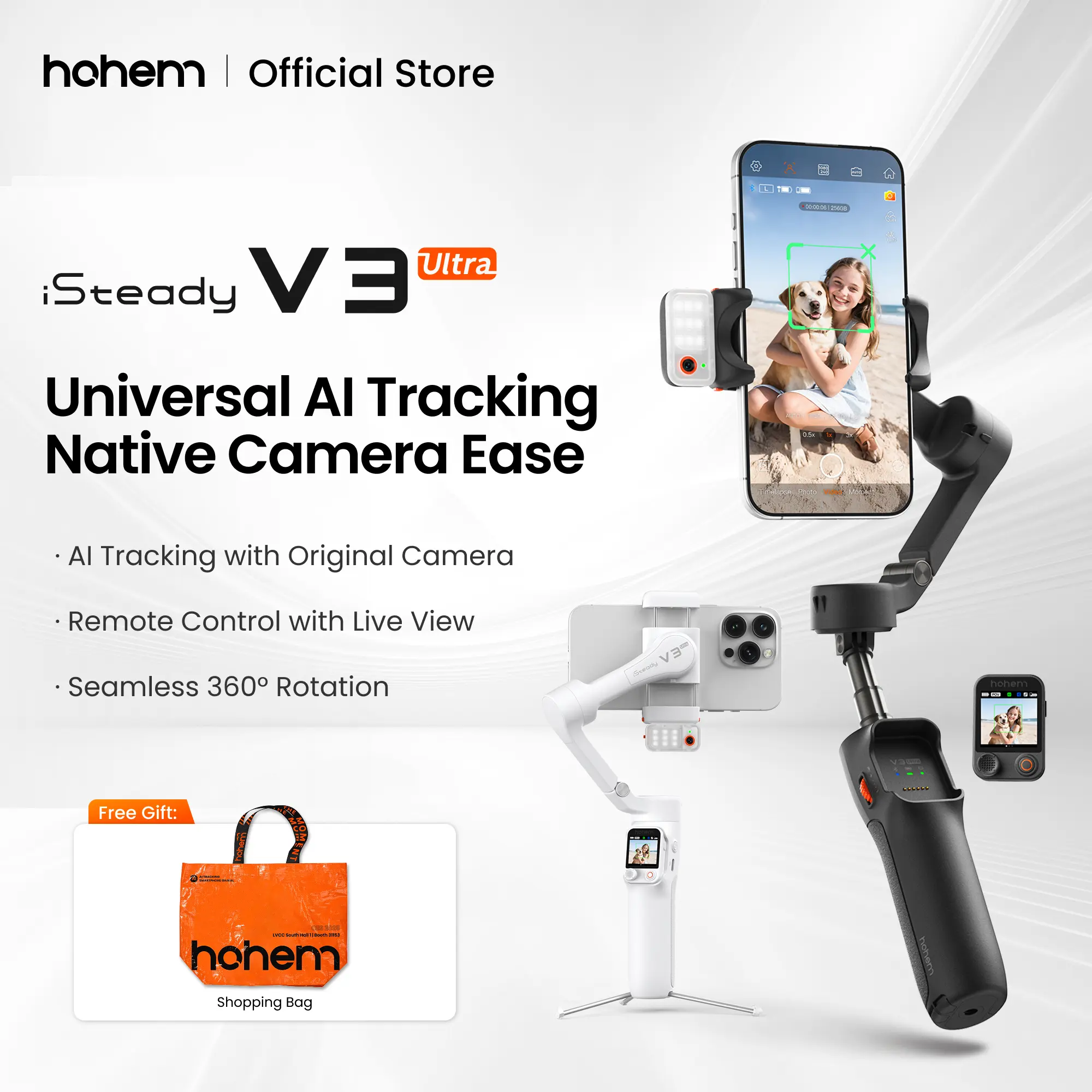 hohem iSteady V3 Ultra Gimbal,Detachable Touchscreen Remote,Advanced AI Tracking with any App,360° Infinite Pan Tracking,Select People&Obeject on Touchscreen to Track,3-Color Fill Light,3-Axis Stabilization, Compatible with most iPhone&Android series