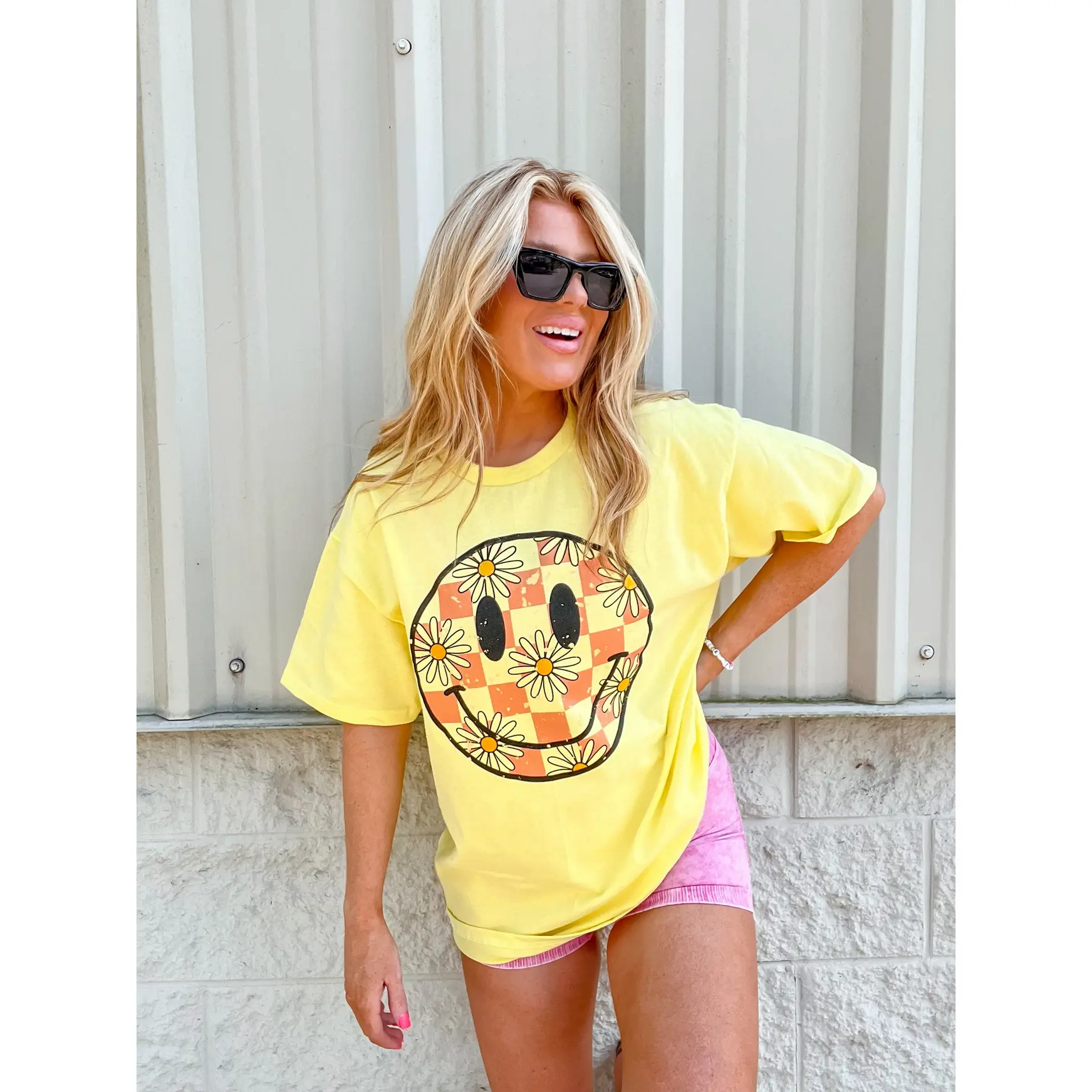 Pink Checker Smiley Graphic Top