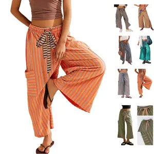 JovenPara Women's Drawstring Striped Wideleg Lounge Pants with Pockets Casual Bohemian Palazzo Trousers for Daily Wear Blue Boho Womenswear Bottom