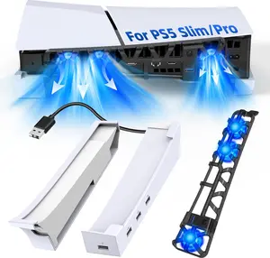 Horizontal Stand & Cooling Fan for PS5 Slim/Pro, Controller Charger Station with 4 USB Hub, Separate Silent 3 High-Speed Fan with USB 3.0 Port (Black/White)