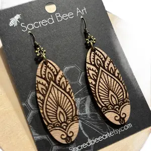 Sacred Bee Art Engraved Wood Mandala Earrings - Handcrafted with Intricate Designs and Natural Wood Finish