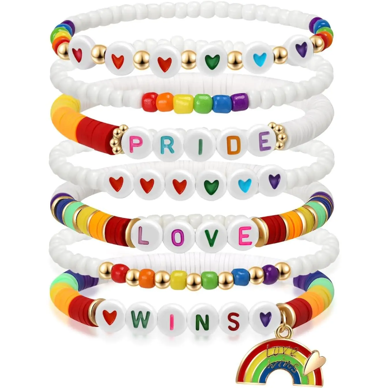 LGBTQ Pride Rainbow Palette Clay Beaded Bracelet - Hypoallergenic Costume Jewelry, Adjustable Elastic Stackable Stretchy Unisex Bracelet for Pride Month Casual Wear, Ally Gifts for Friends, Teens & Adults, Family, 6-8in Fit