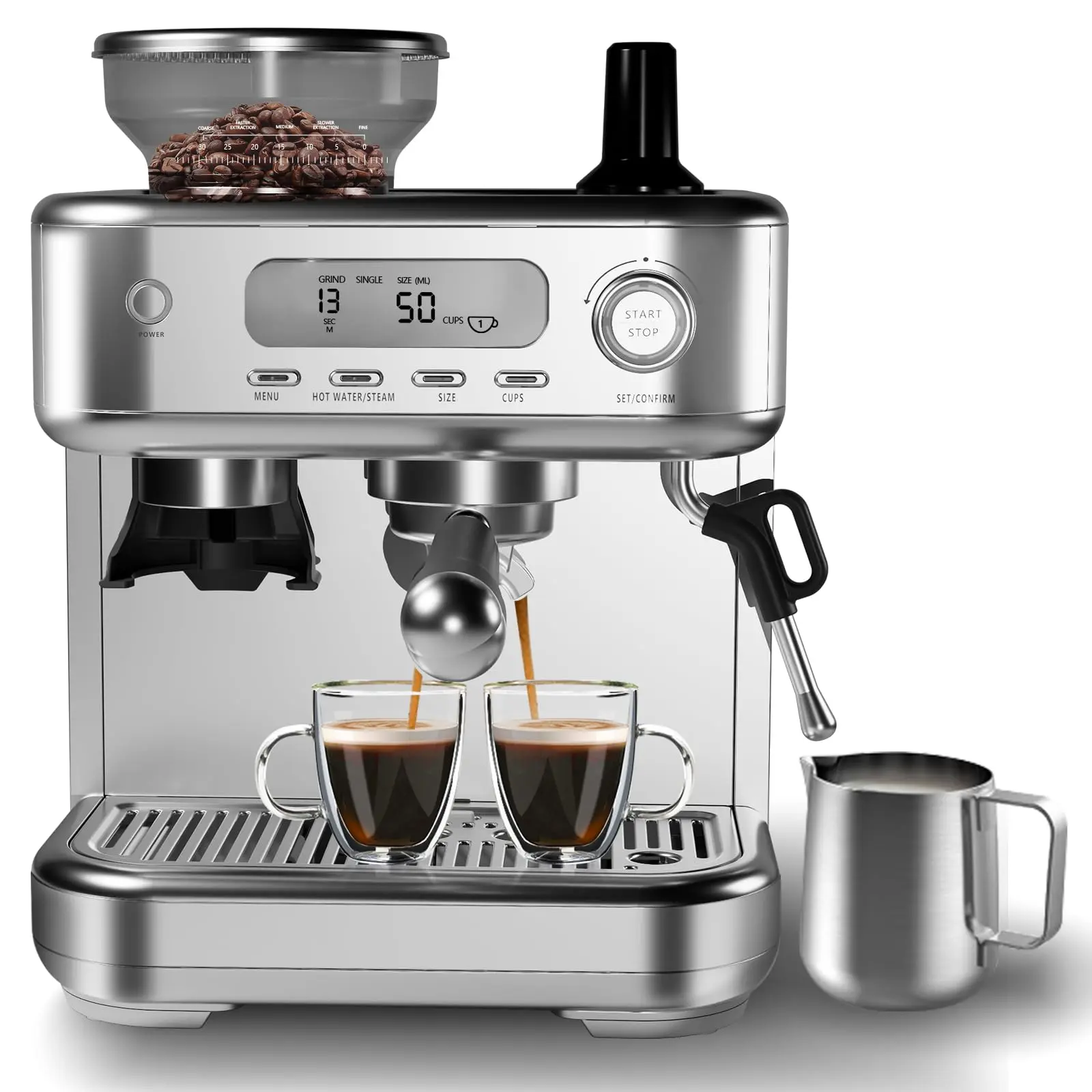 Semi-Automatic Machine with Grinder & Steam Milk Frother, LCD Smart Screen Coffee Maker with 78 Oz Removable Water Tank for Home Cappuccinos, Lattes