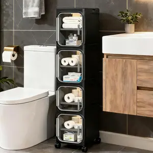 4-Tier Tall Narrow Storage Cabinet, Slim Bathroom Storage Cabinet with Adjustable Shelves and Wheels, Narrow Organizer for Small Space, Bathroom, Kitchen, Laundry, White