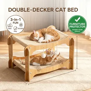 Double-Layer Wooden Cat Hammock Bed - 52x37x30cm 2-Tier Lounger with Natural Sisal Scratching Pads, Heavy Duty Solid Wood Frame for Multi-Cat Families (Modern Scandi Style)