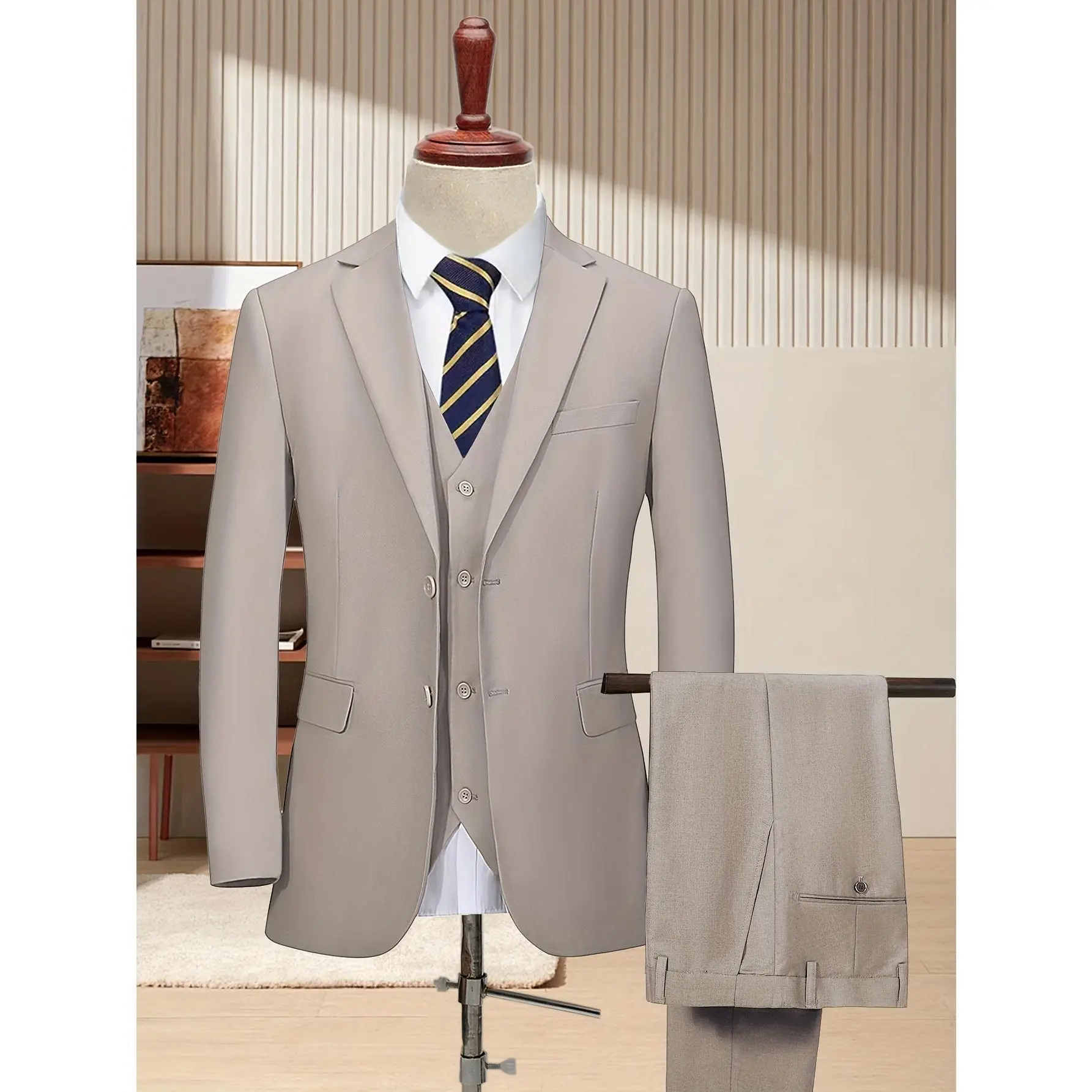 Men's 3-Piece Formal Plain Long Sleeve Menswear Business Suit Set - Champagne, 2-Button Lapel Jacket, Vest, Trouser for Wedding, Business Tuxedo