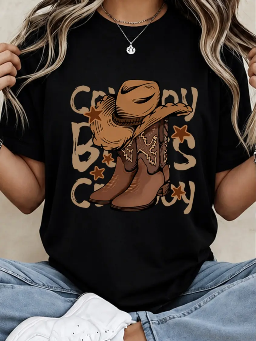 Womens Retro Cowgirl Fashion T-Shirt Cowboy Hat And Boots Graphic White Cotton Womens Western T Shirts Southern Boho Apparel Novelty Rodeo Short Sleeve Crewneck Country Festival Gift For Women