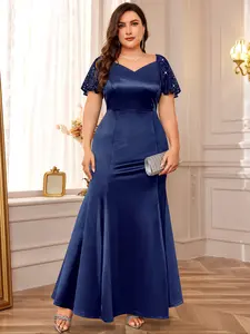 MISSMAY P54333A Plus Size Sweetheart Sequin Lace Ruffle Sleeve Contrast Satin Mermaid Formal Evening Party Long Dress, Winter Dress, New Year Dress, Wedding Guest Dress, For Birthday, Graduation, Dinner, Festivals