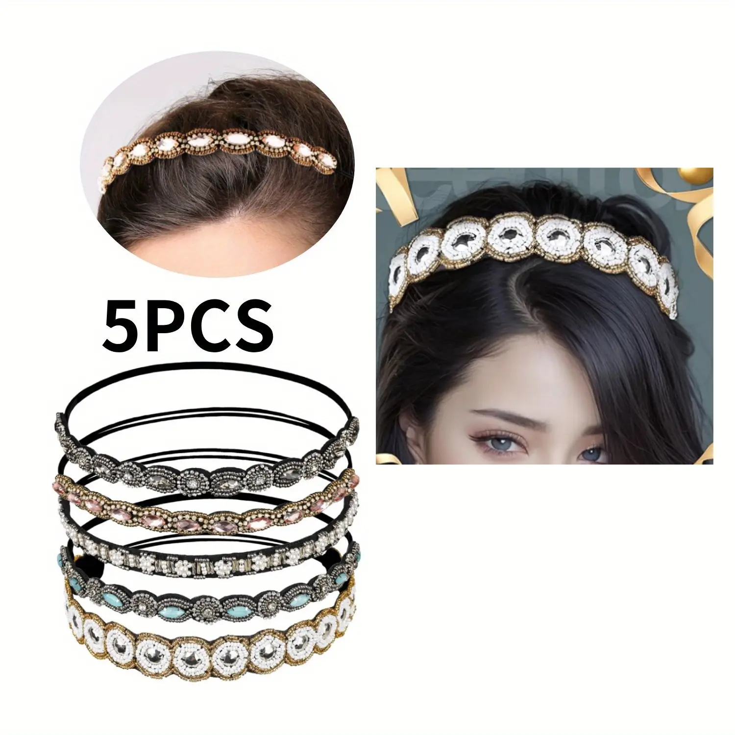 Women's 5pcs Elegant Vintage Rhinestone Beaded Glamorous Sports Headbands - Multicolor Sparkling Elastic Headbands, Soft Nurse Scarf Head Wraps Suitable for Weddings, Daily Wear