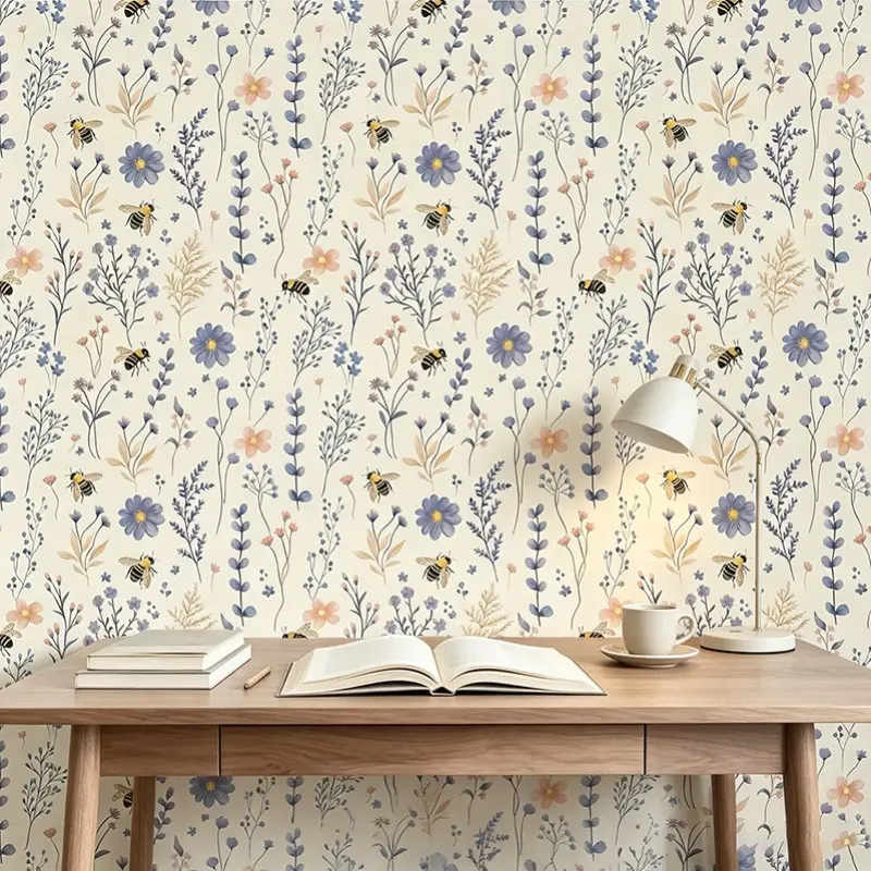 Peel & Stick Floral Wallpaper, Bee & Wildflower Print, Waterproof Vinyl Mural, Easy Match & Remove, Home Decor, Living Room, Self Adhesive Wallpaper