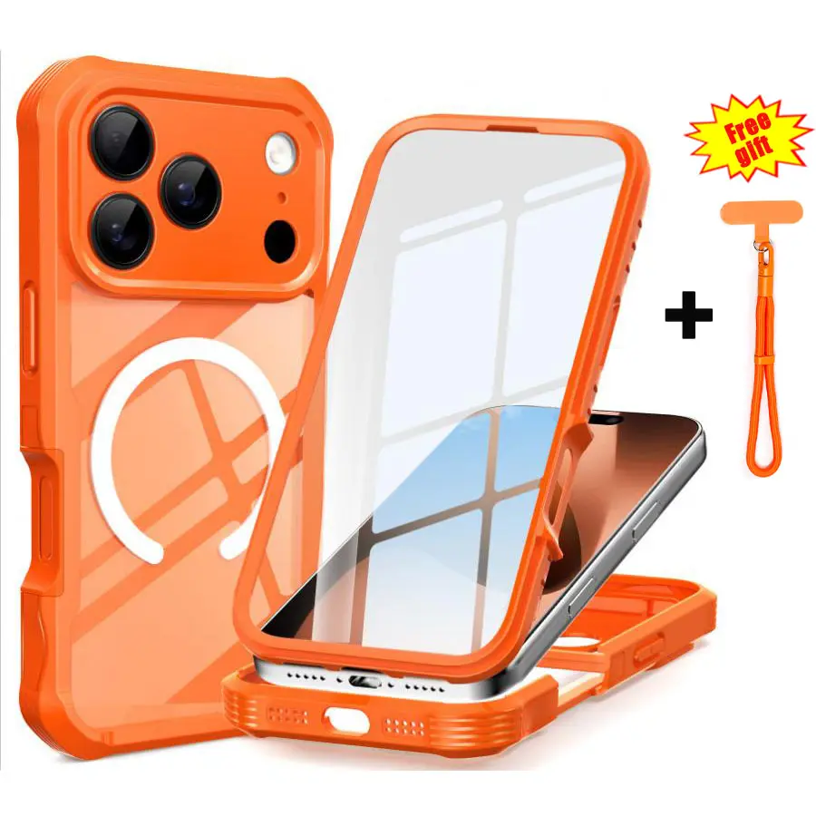 Transparent 3-Proof Magnetic Adsorb Protective Cover for iPhone 17-17 Pro-17 Pro Max, TPU Shell with Anti-Drop, Shockproof Features, Lanyard Compatibility & Tempered Screen Protector, Outdoor Phone Accessories (TikTok Shop Back to School)