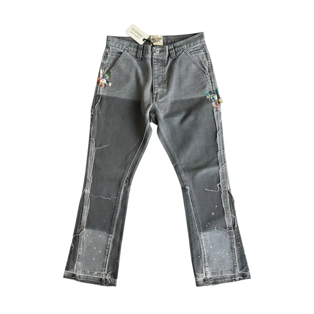 Men's Gallery Dept. 'La Flare' Personalized Charcoal Concrete Tone Denim Fashion Carpenter Jeans - Full-Length Workwear Art Bottoms, Multiple Pockets, Reinforced Details Menswear Apparel