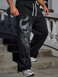 Men's Loose-Fitting Straight Leg Pants, Casual Elastic Waisted, Elastic Waistband, Side Pockets, Skull Pattern, Graphic, Casual Streetwear, All Seasons