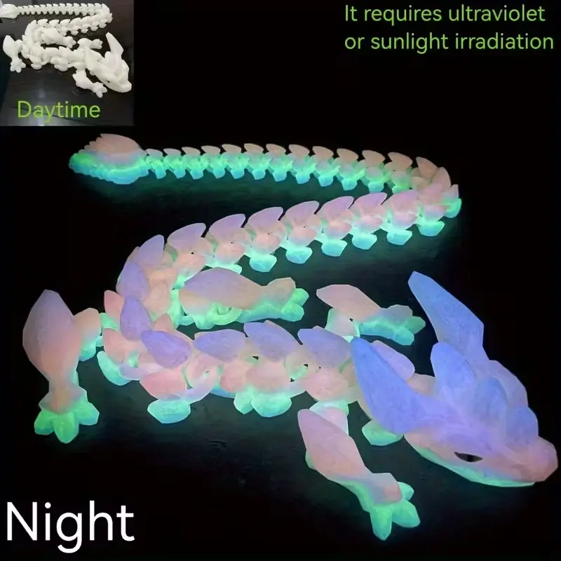 3D Printed Luminous Crystal Dragon Statue - Durable Plastic Animal Figurine, Glow-in-the-Dark Rainbow Body, Fluorescent Scales, Multi-Jointed Movable Design, Random-Colored Eyes, Home Decoration, Valentines Day/Diwali Festive Ornament, Rainbow Glow