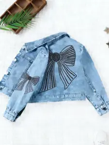 Diamond Bow Print Denim Jacket for Kids, Collared Jacket, Girls' Casual Top, Stylish Sweet Sparkle Clothing, Light Blue Jean Jacket