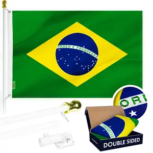 G128 Combo Pack: 6 Ft Tangle Free Aluminum Spinning Flagpole (White) & Brazil Brazilian Flag 3x5 Ft, Double ToughWeave Series Double Sided Embroidered 210D Polyester | Pole with Flag Included