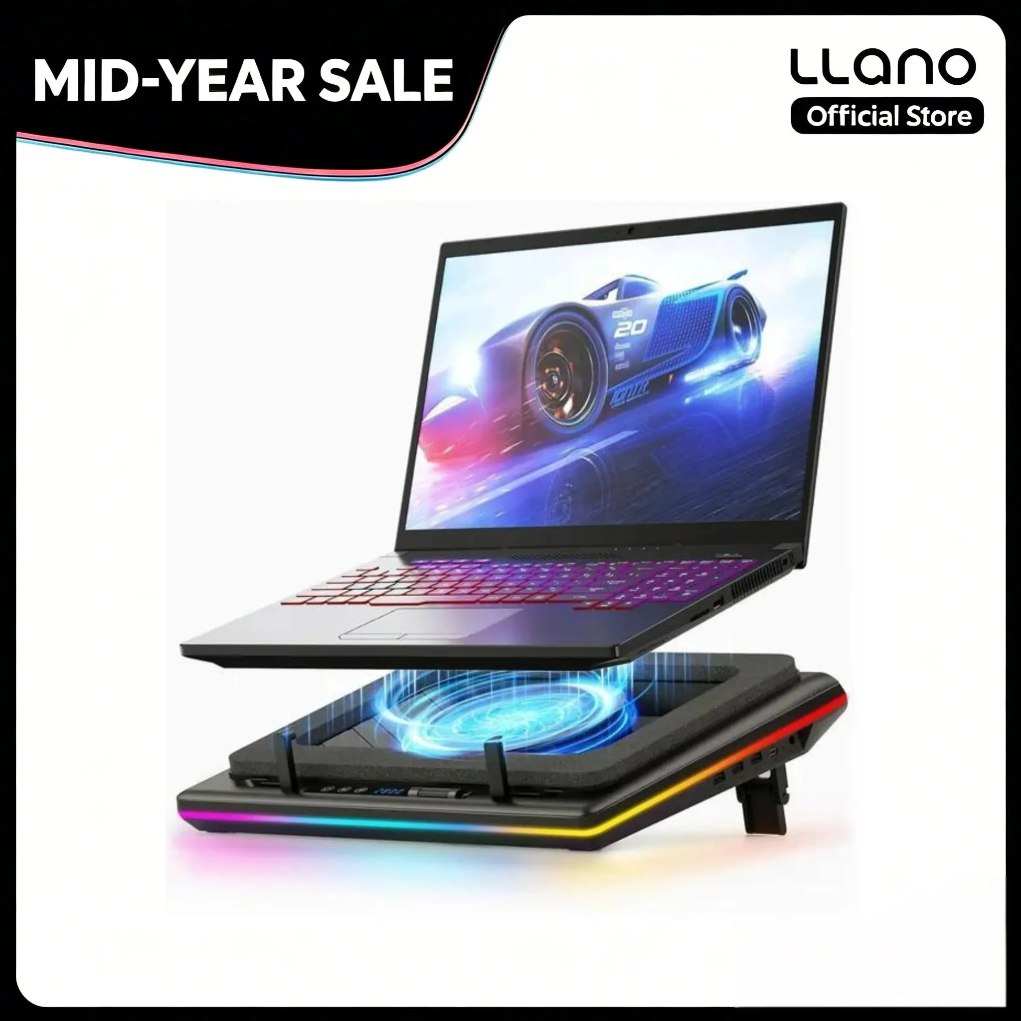 DealsForYouDays llano RGB Laptop Cooling Pad, Gaming Laptop Cooler with Powerful Turbofan, Fast Cooling Laptop 15.6-21in, Adjustable Speed, Touch Control, LCD Screen