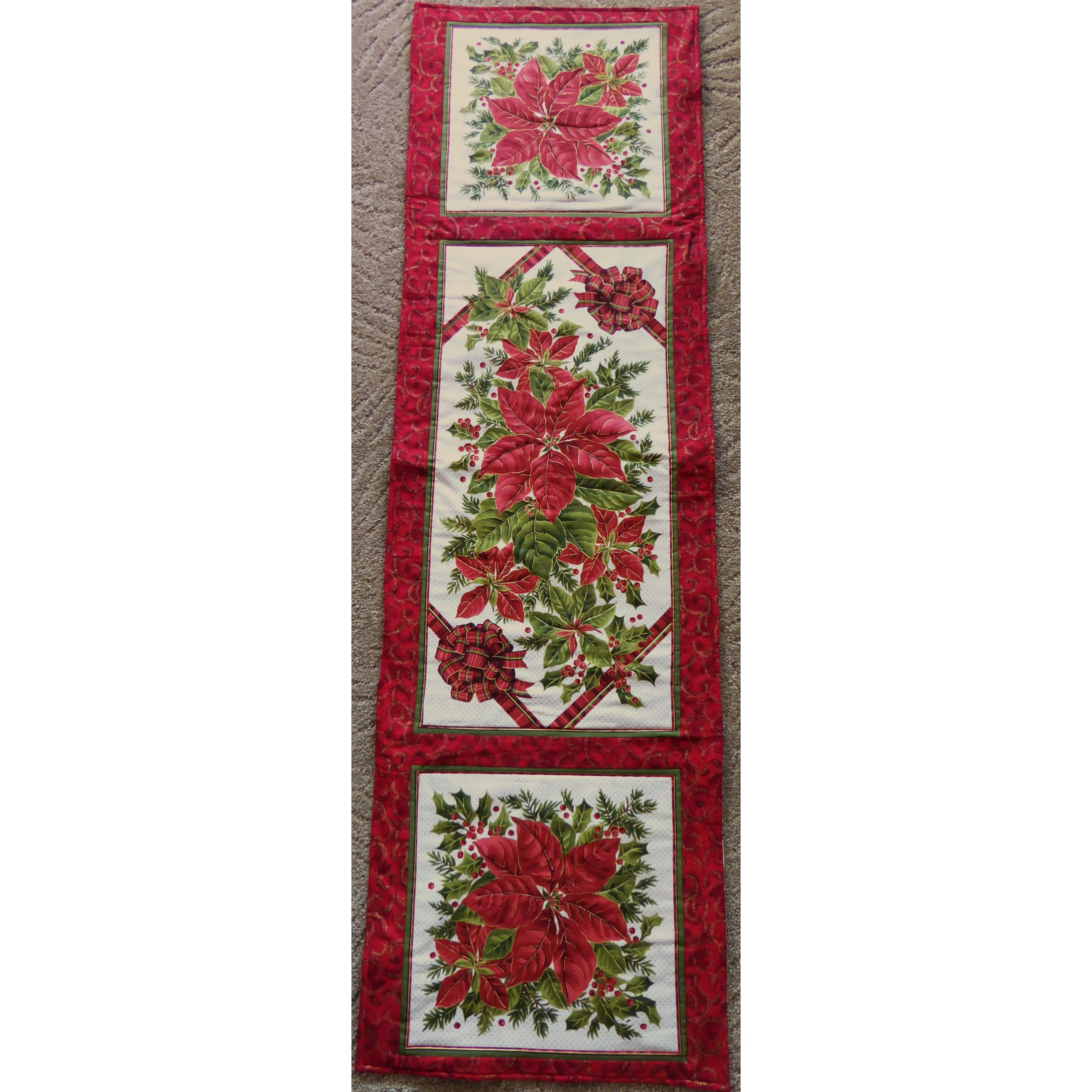 Floral Poinsettia Table Runner 16x54 Handmade and Quilted Cotton Fabric
