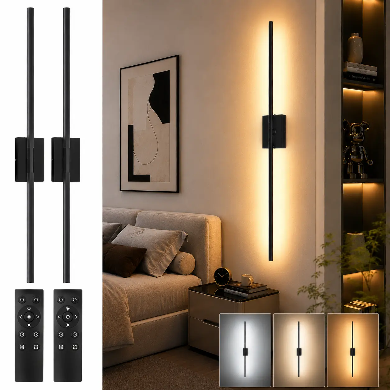 Avatar Controls Battery-Operated Sconce Set of 2, 360° Rotatable Wireless Wall Lights with Easy-Charge Detachable Battery Box, 3000K–6500K Dimmable LED Wall Lamps with Remote and Timer for Bedroom, Hallway