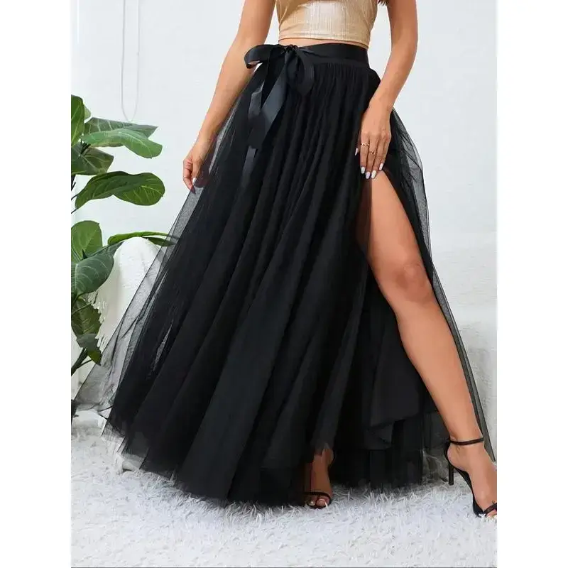 Plus Size Solid Belted Split Thigh Tulle Skirt, Elegant High Waist Maxi Skirt For Party Holiday Wedding Guest, Women's Bottoms For All SeasonsGift