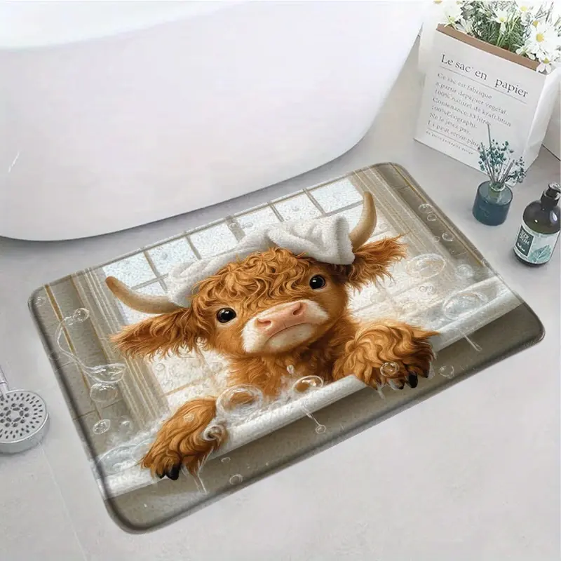 Peeking Highland Cow Flannel Bath Mat, Bath Mats For Bathroom Non Slip, Adorable design with a highland cow peeking over a ledge, Non-Slip Indoor Mat for bathrooms, & farmhouse-style home decor