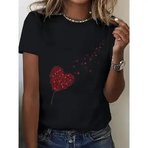 Women's Plus Size Oversized White Short Sleeve T-Shirt with Heart Balloon Print - Round Neck Summer Blouse, Casual & Resort Wear, Plus Size Fit, Machine Washable Spring Summer Fall Top