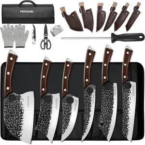 MDHAND Butcher Knife Set,  18Pcs Hand Forged Serbian Chef Knife Set with Bag, High Carbon Steel Full Tang Kitchen Knives Set, Meat Cleaver & Boning Knife for Brisket Trimming BBQ Camping, Gift for Men#fathersdaygift
