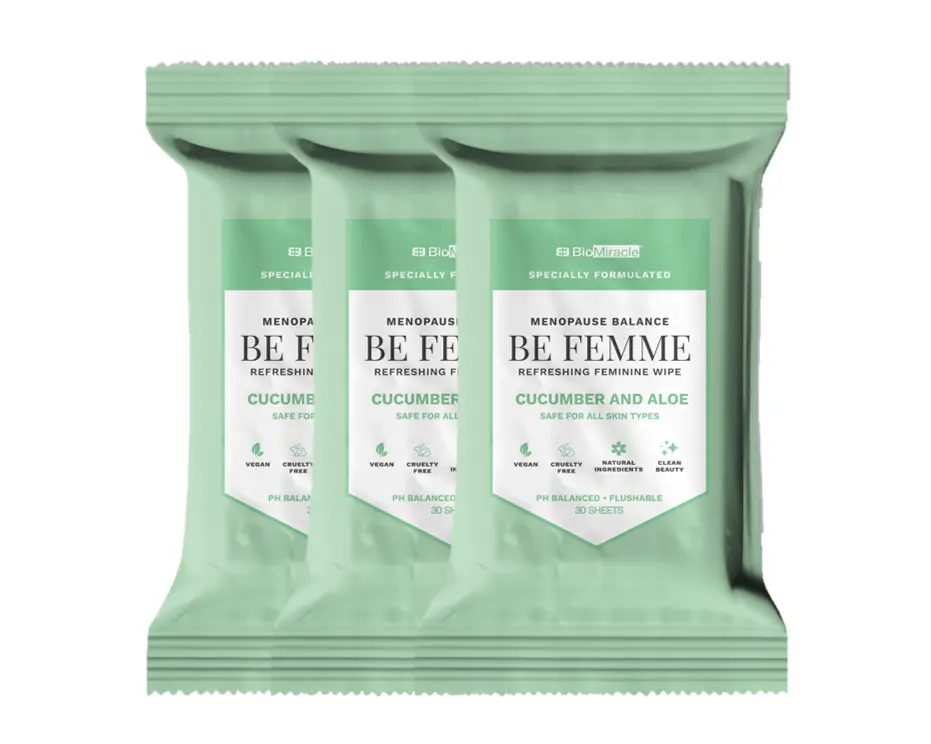 BioMiracle Be Femme Menopause Refreshing Feminine Wipes Cucumber & Aloe 3-Pack 90 Sheets Total pH Balanced Flushable Vegan Cruelty-Free