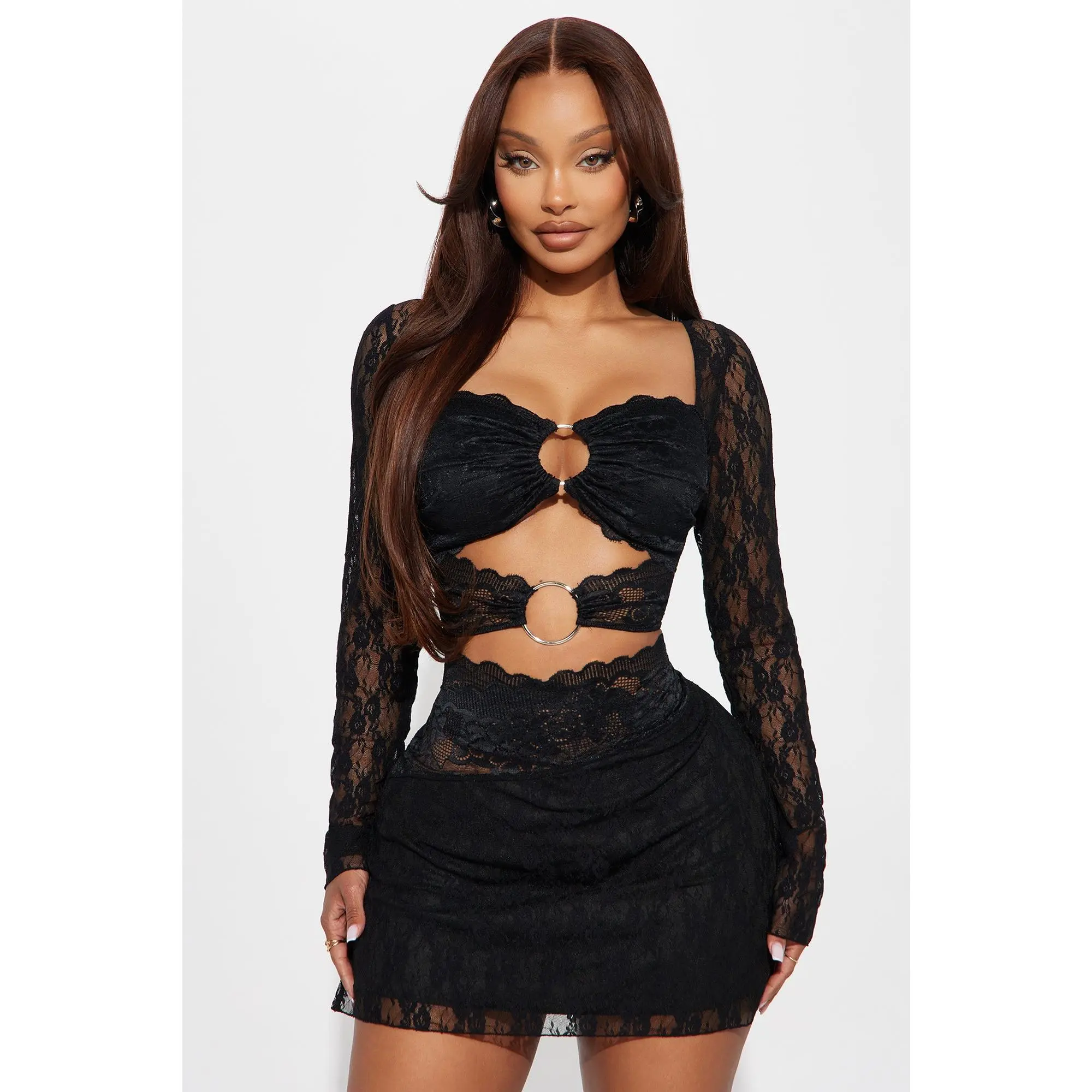 Lela Cut Out Lace Mini Dress - Black