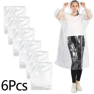 6pcs Portable Raincoat Disposable Emergency Clear Adult Rain Coat Travel Waterproof Clothes Covers Hood Rain Poncho Rainwear