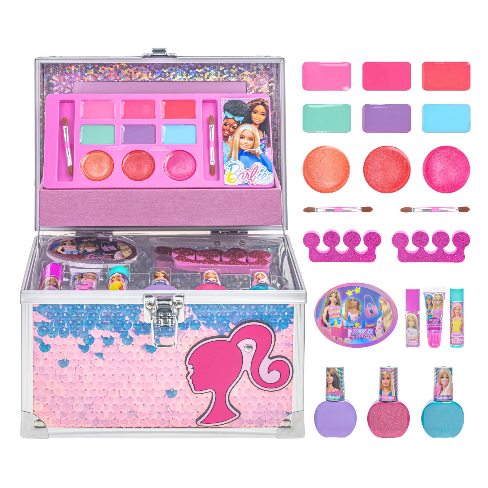 Barbie Train Case Beauty Set, Kids Makeup Kit for Girls, Real Washable Makeup Set, Play Makeup, Party Favor, Birthday, Ages 3 4 5 6 7 8 9 10 11 12 by Townley Girl