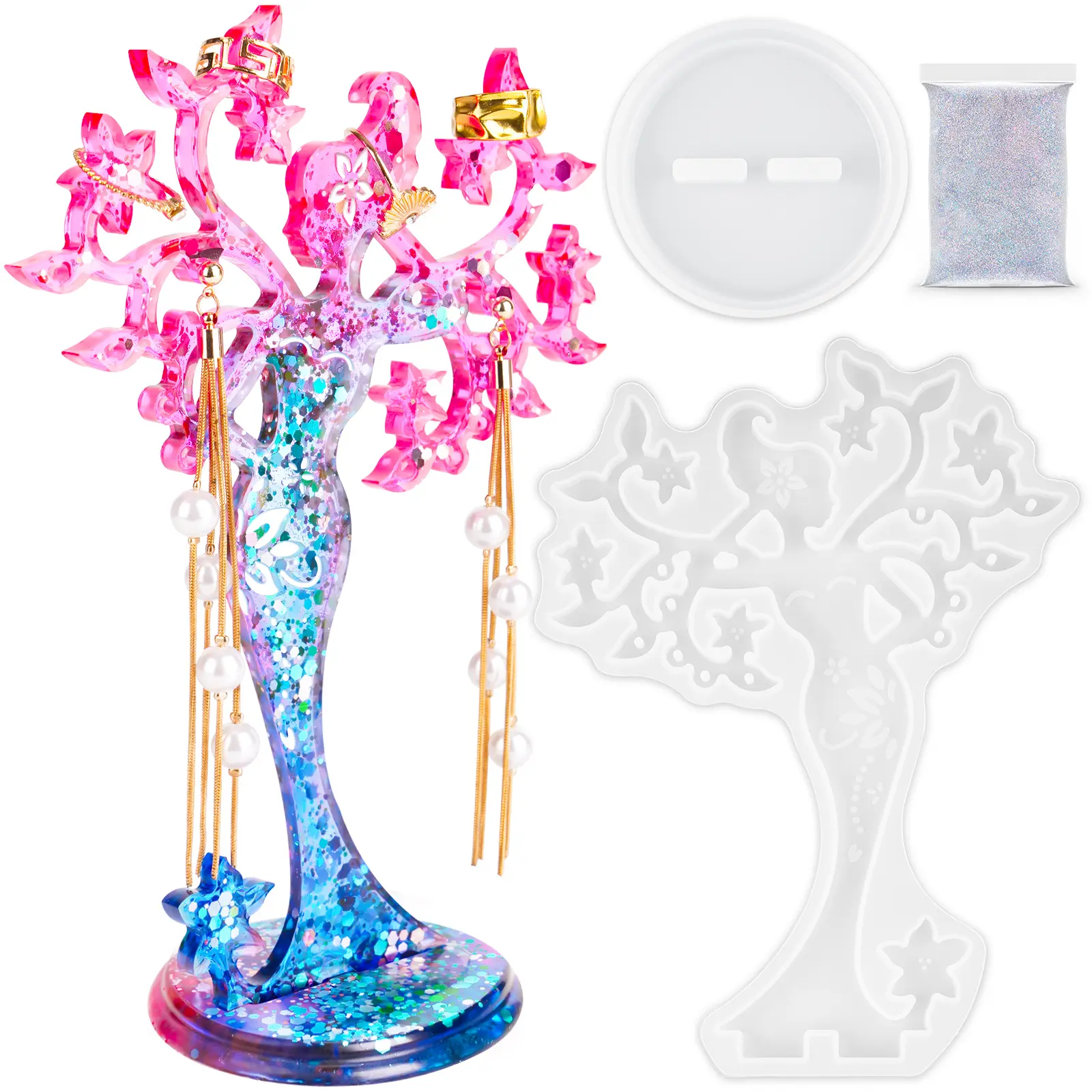 NiArt Beauty Multifunctional Eco-Friendly Reusable Epoxy Resin Silicone Casting Mold Kit - 2PCS 6.5"x8.5" Translucent Glitter Girl Shape Jewelry Holder Rack, Safe for Adults, DIY Beading Supplies, Jewellery-Making Display & Packaging Gift