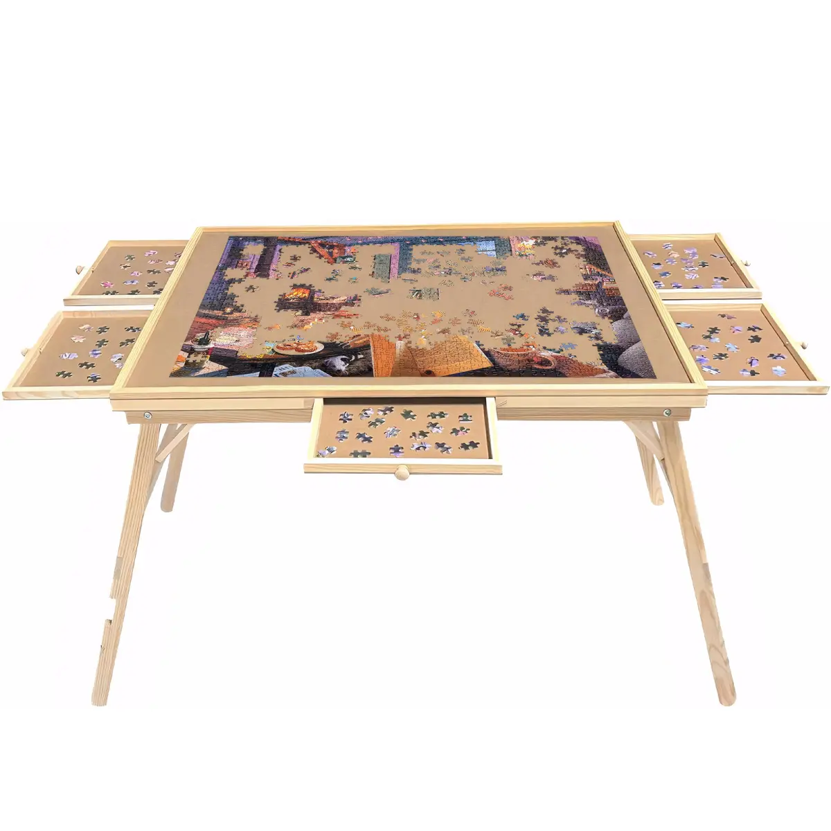 27-Inch Rectangular Premium Solid Pine Wood Folding Jigsaw Table - Legs, 5 Drawers, 34"W×26"D Ergonomic Heightened Flat Top Workstation, Sturdy Space-Saving Desk for Adults (Board Games, Handmade Crafts, DIY Projects) - Easy Storage & Movement, Daily Leis