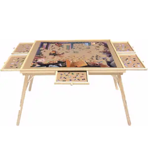 27 Inch Natural Pine Folding Puzzle Table with Legs 5 Drawers 34"W*26"D Ergonomic Jigsaw Board Sturdy Workstation for 1500 Pieces Space Saving Craft Game Desk for Adult Indoor Leisure