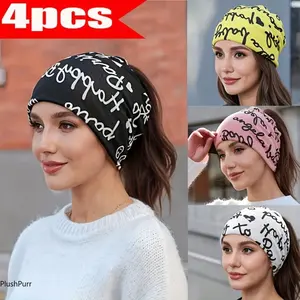 4pcs/set Letter Print Brimless Beanie for Women - Autumn And Winter Warm Elastic Chemotherapy Cap, Lightweight Multi Functional Headscarf - Multi Functional Neck Cover