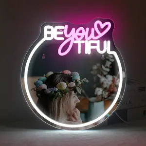 Mirror Neon Sign, USB Powered LED Glowing Wall Hanging Neon Light, Decorative Modern Mood Lighting, Ambient Night Lights for Home, Office, Shop, Coffee Shop, Girl's Room
