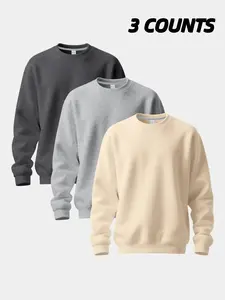 Men 3 Pack Crew Neck Sweatshirts 2026 Soft Fleece Cozy Casual Fitted Pullover Set Classic Solid Color Long Sleeve Daily Workout Layering