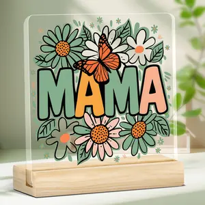 Floral & Letter Pattern Acrylic Desktop Decoration Plaque Decor Gift with Wooden Stand, Creative Desktop Ornament, Birthday Gift for Mom, Room Decor for Stepped-Up Mom, Signs