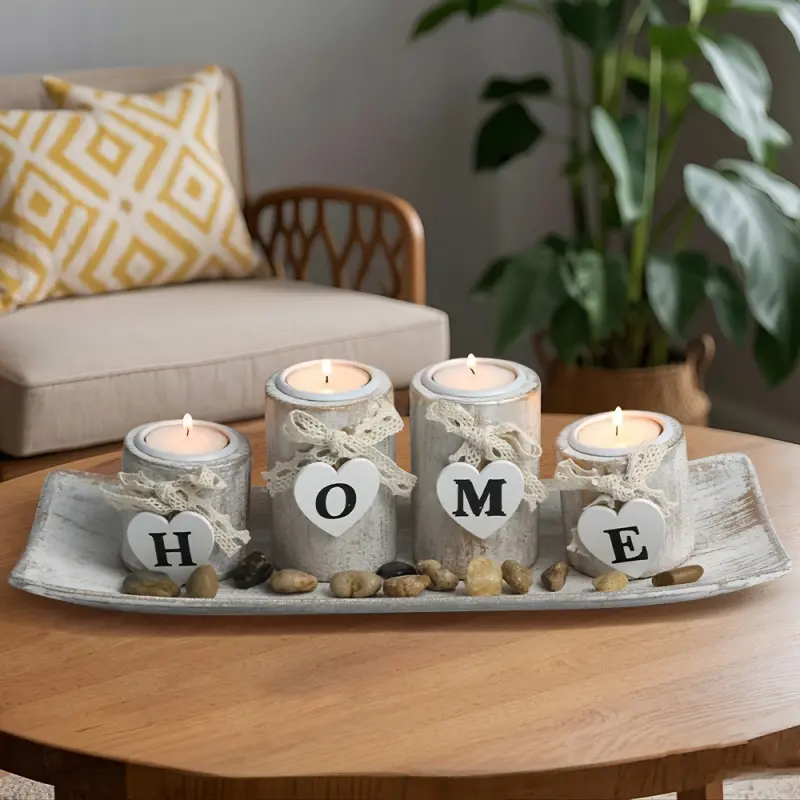 Retro-style heart-shaped wooden candlestick - Nordic style candle holder for home use, suitable for tabletop decoration, a small decorative item with an atmosphere-enhancing effect.
