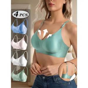 4pcs Elegant Seamless Women'S Underwear Set Back-Closure Solid-Color Minimalist Bra Comfortable, Breathable, Soft Satin Fabric Removable Pads Versatile For All Seasons Perfect For Everyday Casual Wear