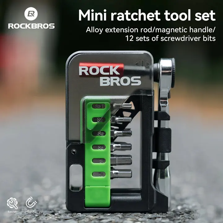 ROCKBROS Mini Ratchet Tool Kit, Portable Bicycle Repair Wrench with Alloy Rod, 12 Bits and Magnetic Handle for Easy Adjustment and Convenience
