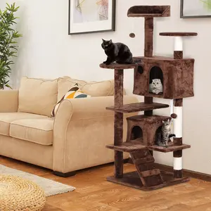 Zeny 55" Plush Fabric Cat Tree Tower - Multi-Level Cat Furniture with Spacious Condo, Sisal Scratching Posts, Vertical Scratcher, Included Toy (Brown)