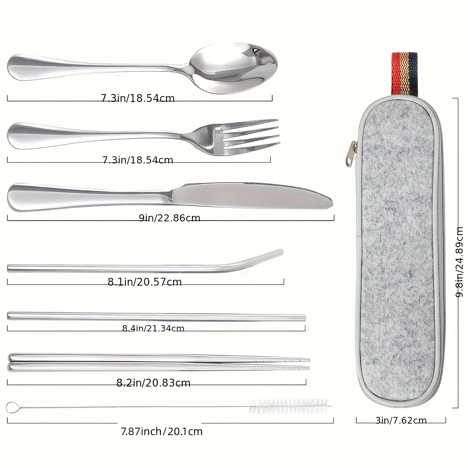 8Pcs Stainless Steel Portable Cutlery Set - Flatware Kit with Knife, Fork, Spoon, Chopsticks, Straw, Cleaning Brush & Storage Case, Reusable Clean Portable Pack for Hiking Camping & Party Use, Compact, Outdoor Trips