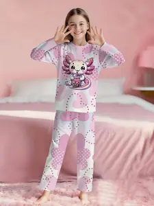 Foundation Love Heart Polka Dot Axolotl, Cute 2-Piece Girls' Digital Print Long-Sleeve Pajamas with Extended Pants, Flame-Retardant Fabric, Casual, Comfortable and Soft Pajama Set, Pajama Outfit, Suitable for Sleeping and Home Leisure