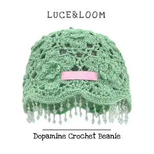 【LUCE&LOOM】Handmade Crochet Floral Beanie with Sparkling Beaded Tassel Boho Coquette Aesthetic Breathable Lightweight Headwear for Women Summer Daily Vacation Festival Party Outfits