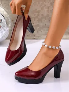 Popular European and American Stylish Fashion patent leather thick-soled chunky heel high-heeled shoes
