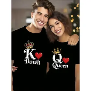 1pc His & Hers Matching Couple T-Shirts - K&Q Crown Design with Red Hearts, Soft 100% Cotton, Casual Loose Fit, Perfect for Newlyweds, Valentine's Day, and Festive Parties, Machine Washable